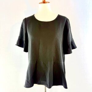 Madewell Black Round Neck Flutter Sleeve Peplum Top